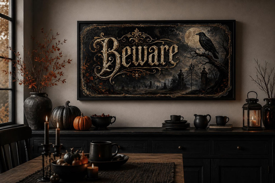 Gothic Beware Halloween canvas print with vintage lettering, raven, and moon above a dark sideboard.