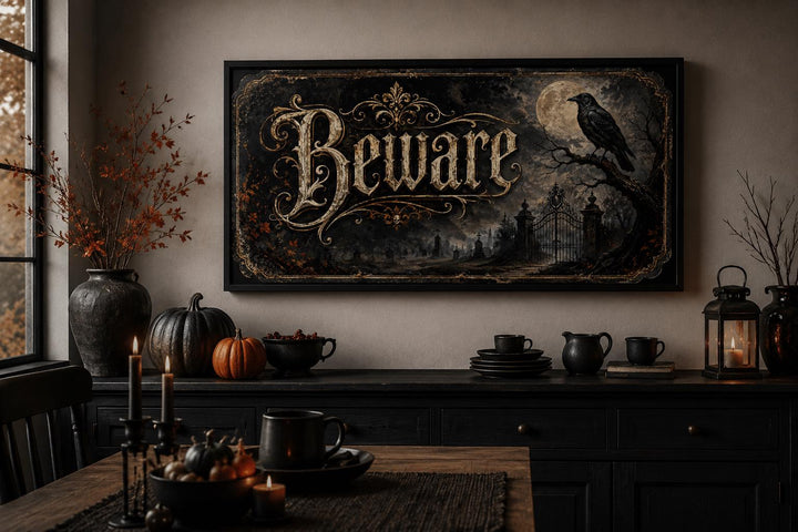 Gothic Beware Halloween canvas print with vintage lettering, raven, and moon above a dark sideboard.