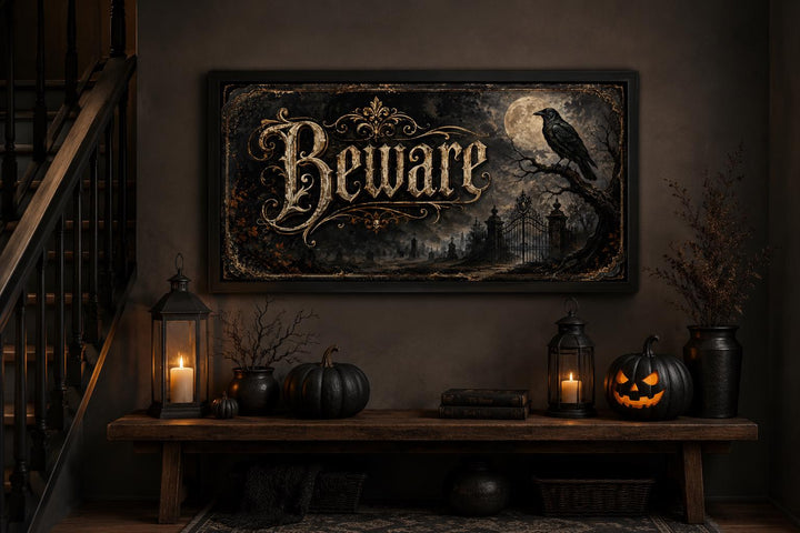 Vintage Beware Halloween canvas print with a raven and moon, styled on a console with pumpkins.