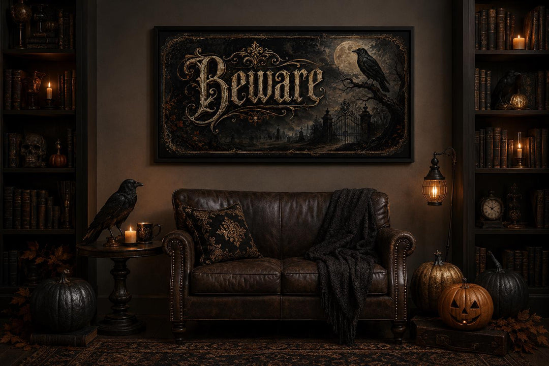 Gothic Beware Halloween canvas print above a leather sofa with ravens, pumpkins, and candles.