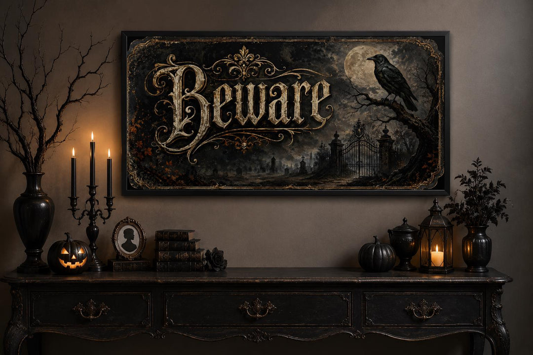Vintage Beware Halloween canvas print with raven and moon above a gothic mantel display.