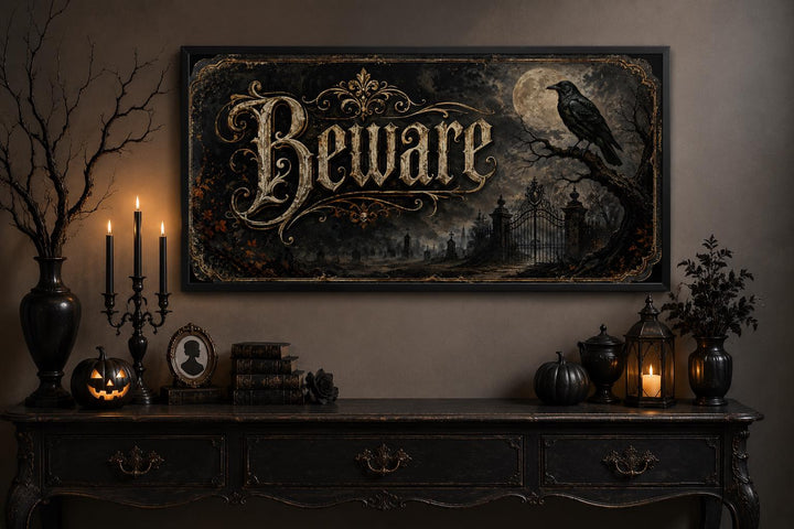 Vintage Beware Halloween canvas print with raven and moon above a gothic mantel display.