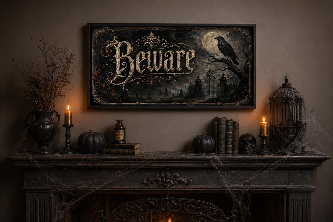 Vintage Beware Halloween canvas print with a raven and moon above a gothic mantel display.
