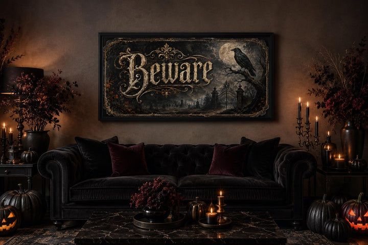 Gothic Beware Halloween canvas print with a raven and moon above a black velvet sofa with pumpkins.