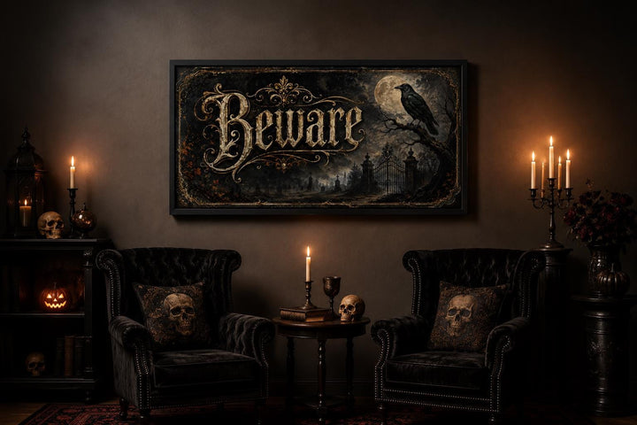 Beware Halloween canvas print with vintage lettering, raven, and moon in a gothic room setting.
