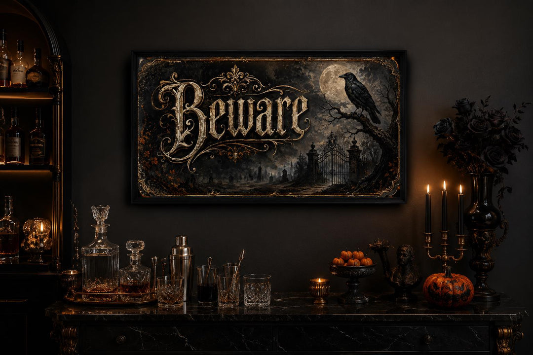 Gothic Beware Halloween canvas print with a raven, full moon, and graveyard scene in a dark room.