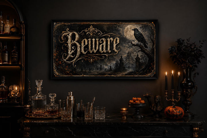 Gothic Beware Halloween canvas print with a raven, full moon, and graveyard scene in a dark room.
