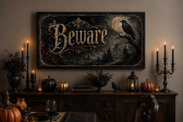Vintage Beware Halloween canvas print with a raven, full moon, and gothic graveyard scene.