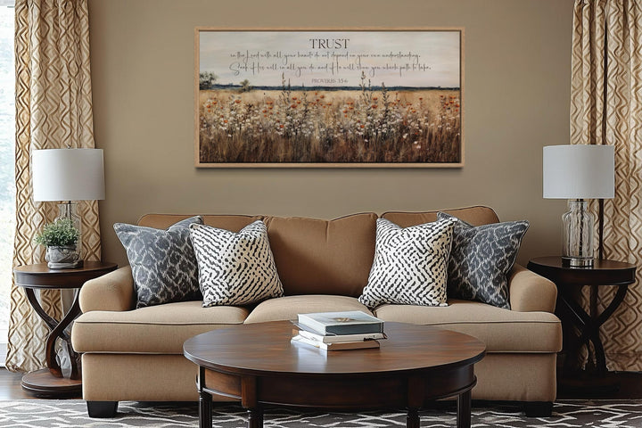 Horizontal canvas wall art with Proverbs 3:5 scripture over a golden wildflower field.