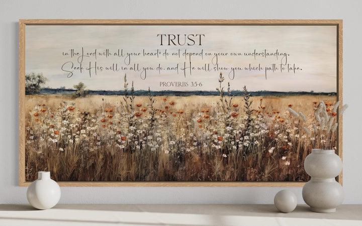Framed Proverbs 3:5-6 scripture canvas art featuring a golden wildflower field landscape.
