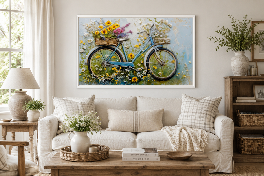 Floral bicycle rustic farmhouse framed canvas wall art hanging above a white sofa in a living room.