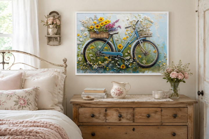 Framed canvas wall art of a vintage blue bicycle with a flower basket in a rustic bedroom setting.