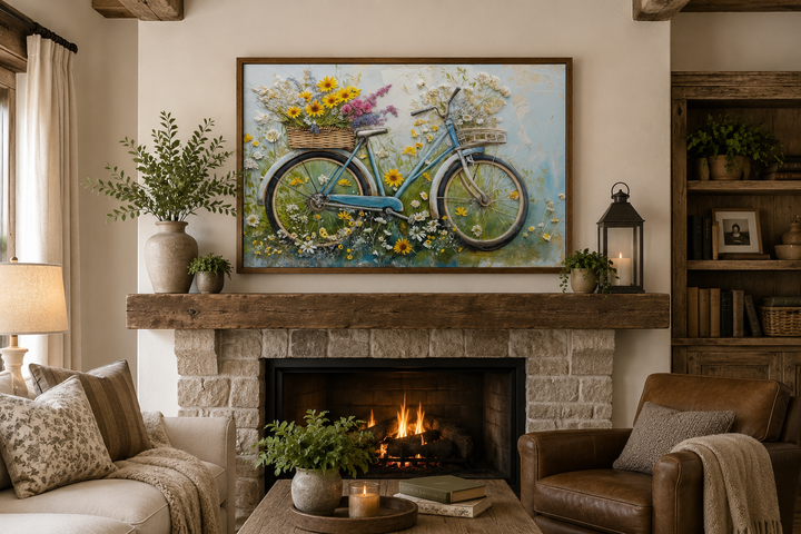 Rustic farmhouse framed canvas wall art featuring a vintage blue bicycle with floral baskets.