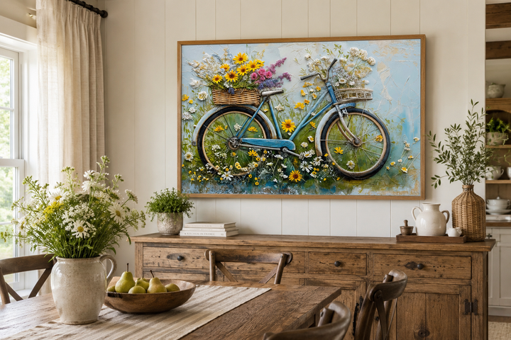 Floral bicycle rustic farmhouse framed canvas wall art hanging in a cozy kitchen dining area.