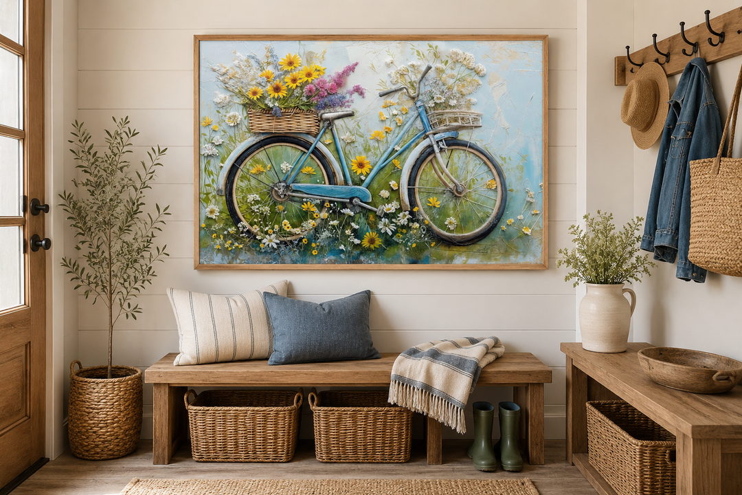 Floral bicycle rustic farmhouse framed canvas wall art in a cozy entryway setting.