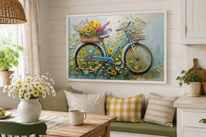 Framed canvas wall art of a blue vintage bicycle with a basket of wildflowers in a rustic kitchen.