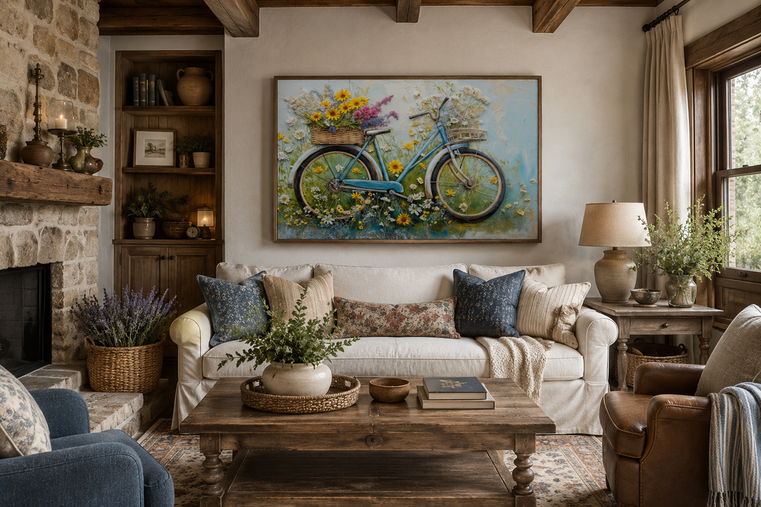 Floral bicycle rustic farmhouse framed canvas wall art hanging above a white sofa in a cozy room.