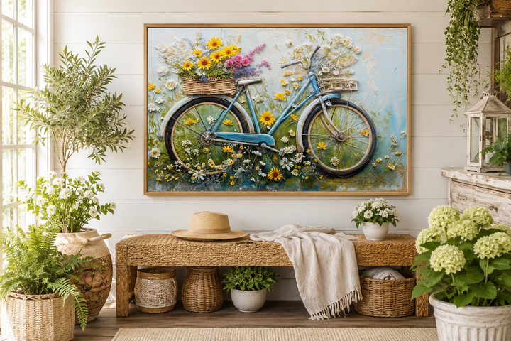 Framed canvas wall art of a vintage blue bicycle with floral baskets in a rustic farmhouse setting.