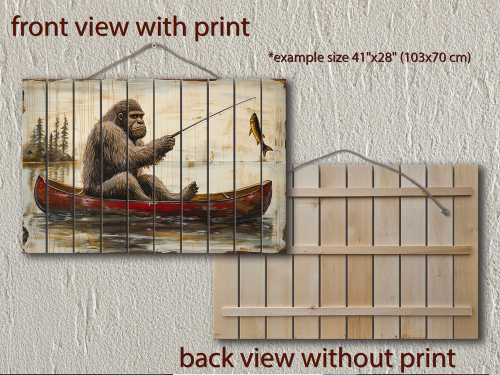 Bigfoot fishing in a red canoe on distressed wood wall art, showing front and back views.