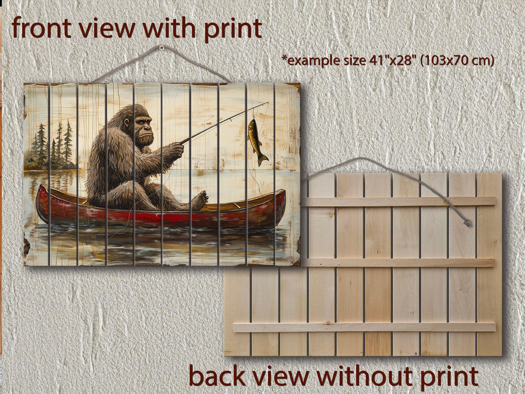 bigfoot with fishing pole Bigfoot Fishing Wood Wall Art