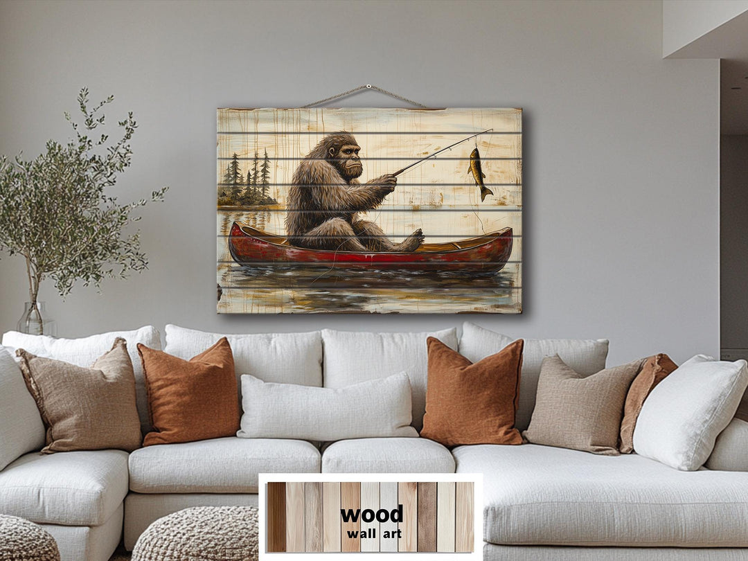 Bigfoot Fishing In Red Canoe Distressed Wood Wall Art