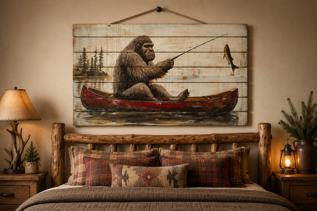 Bigfoot fishing in a red canoe on a distressed wood plank wall art piece above a rustic log bed.
