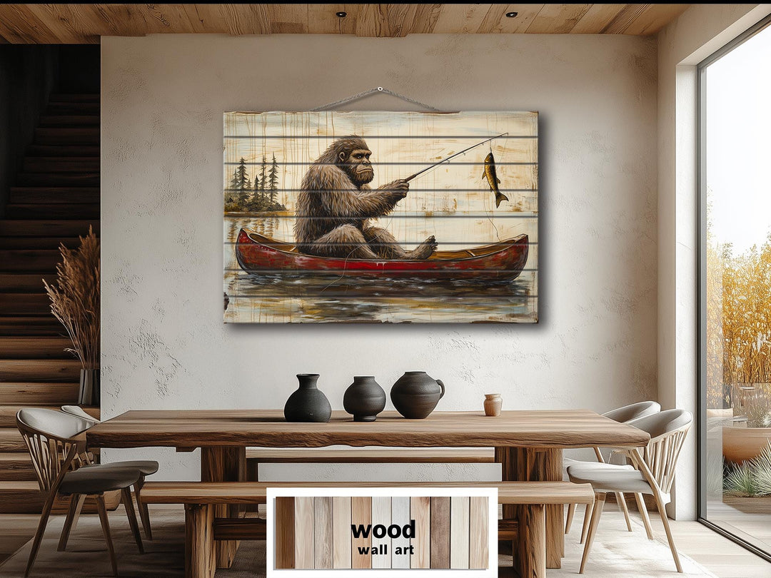 Bigfoot Fishing In Red Canoe Distressed Wood Wall Art