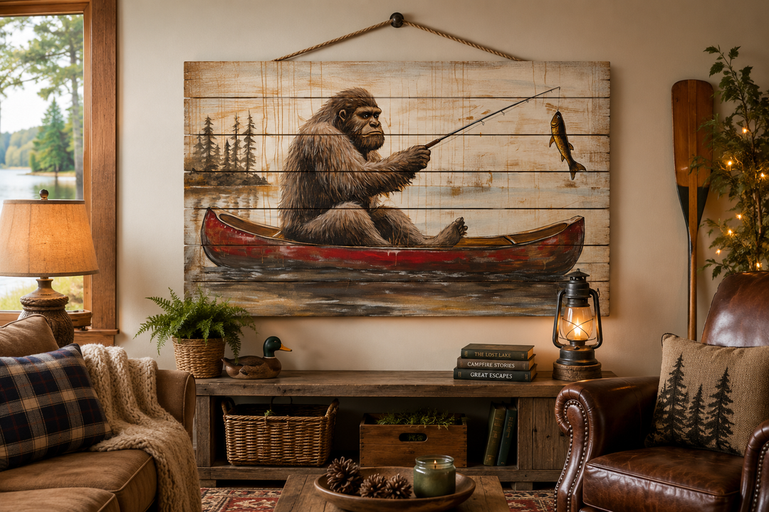 Bigfoot fishing in a red canoe on a distressed wood plank wall art piece in a rustic cabin setting.