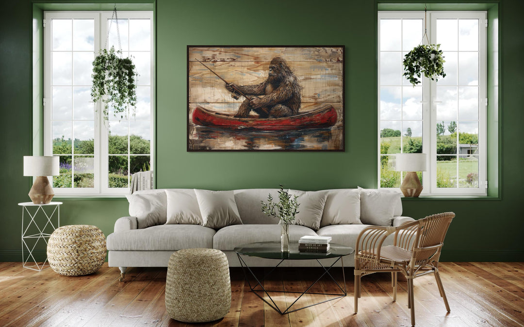 Bigfoot in a red canoe fishing, rustic framed canvas wall art in a green living room.