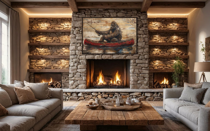 Bigfoot in a red canoe fishing, rustic framed canvas wall art above a stone fireplace in a cabin.