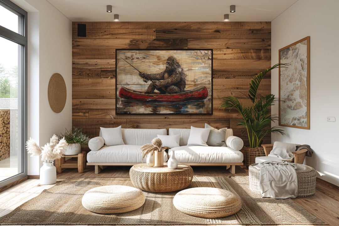 Bigfoot in a red canoe fishing, rustic framed canvas wall art in a modern cabin living room.