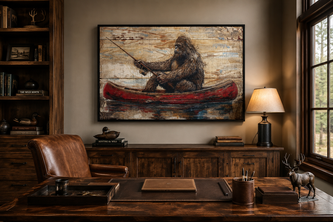 Rustic framed canvas wall art of Bigfoot fishing in a red canoe, displayed in a cabin-style office.