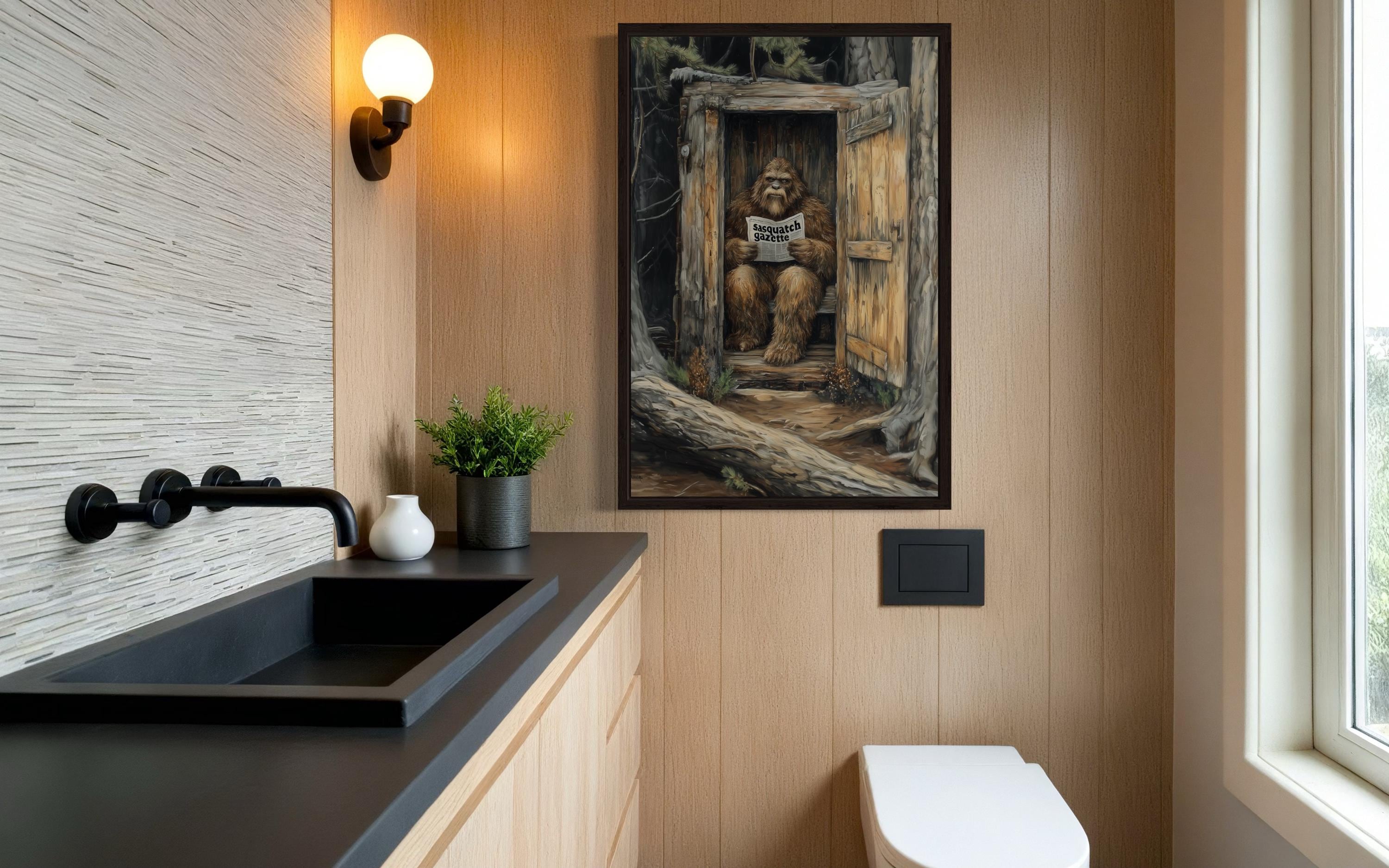 Bigfoot in Outhouse Toilet Art | Funny Forest Sasquatch Print