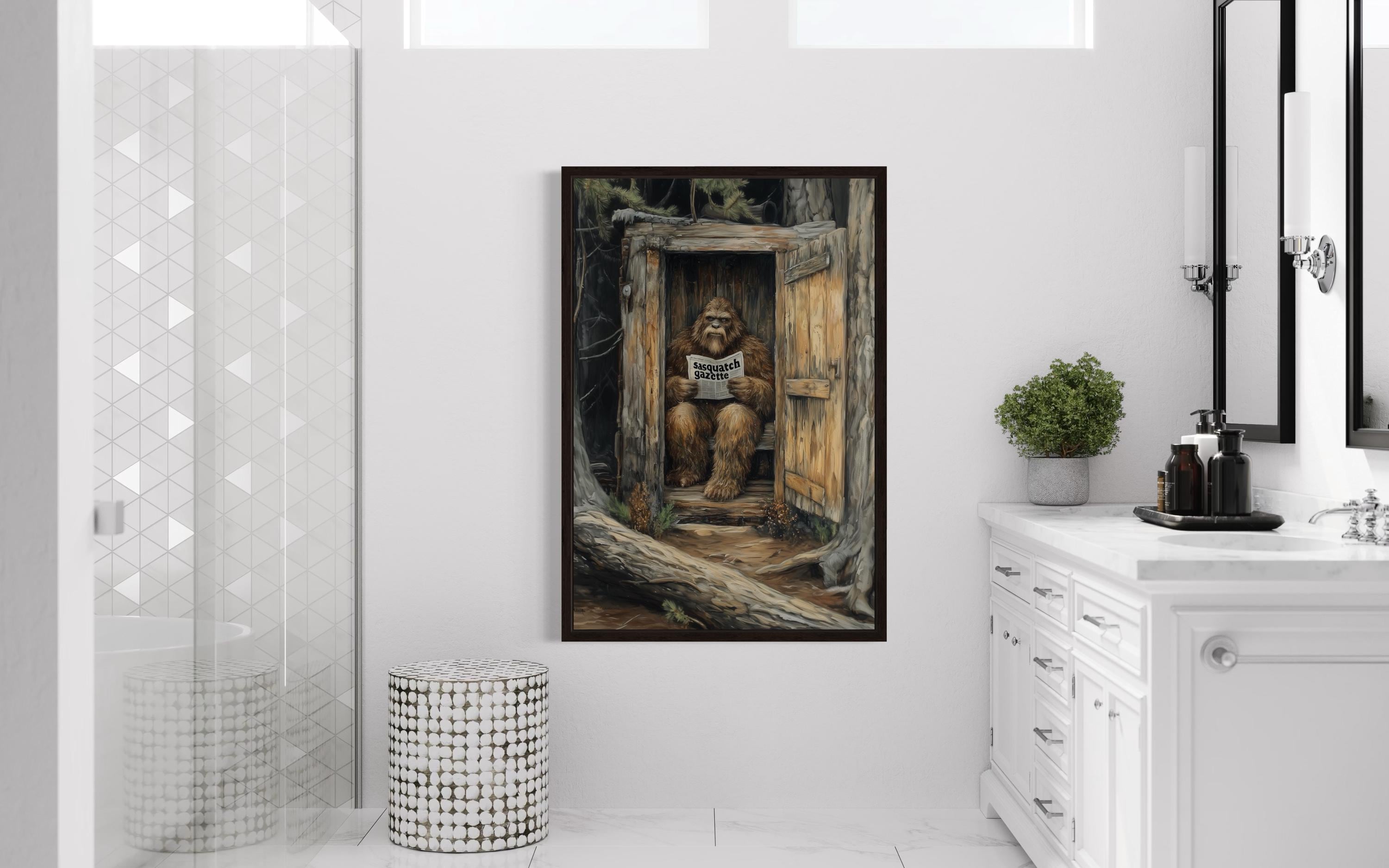 Bigfoot in Outhouse Toilet Art | Funny Forest Sasquatch Print