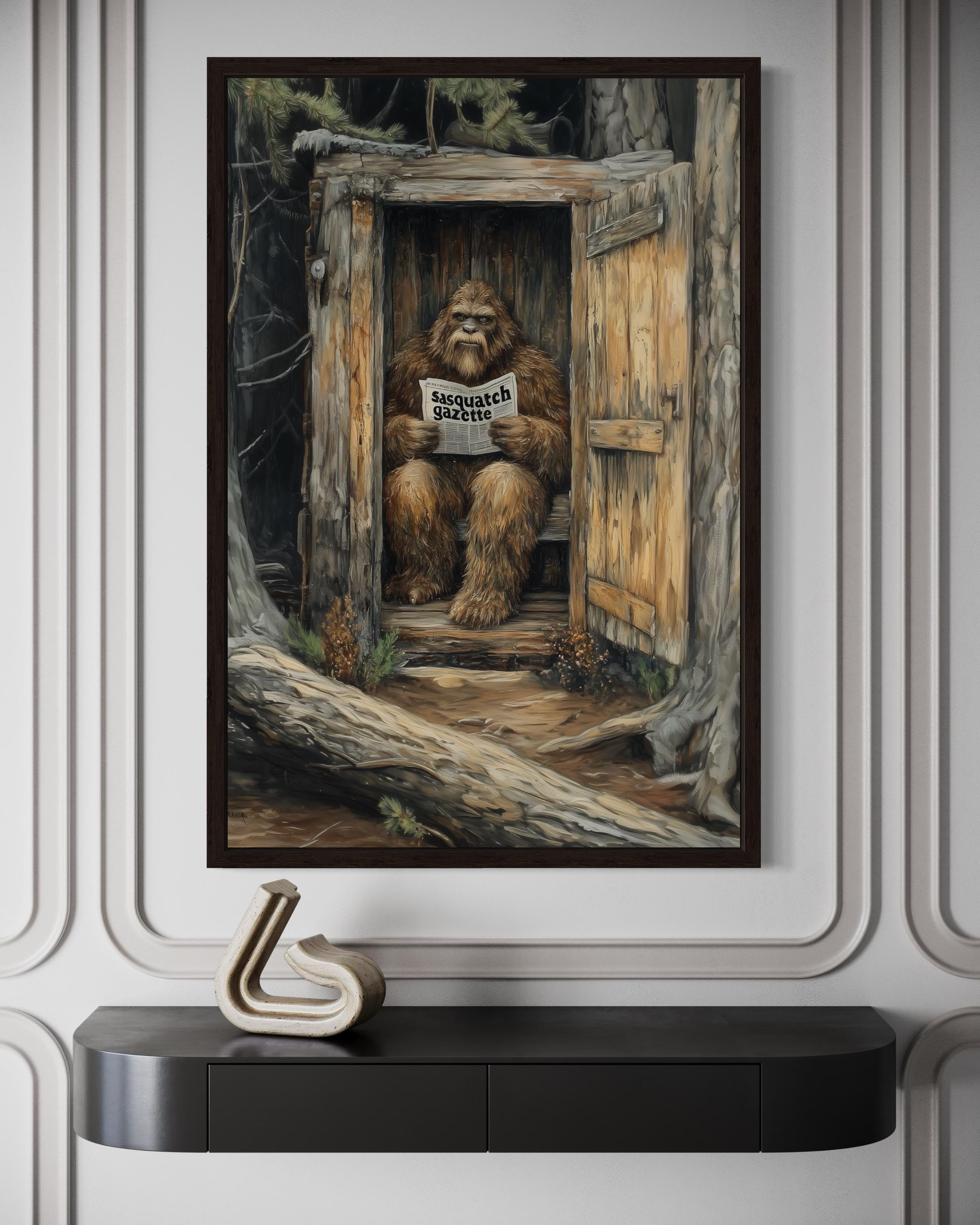 Bigfoot in Outhouse Toilet Art | Funny Forest Sasquatch Print
