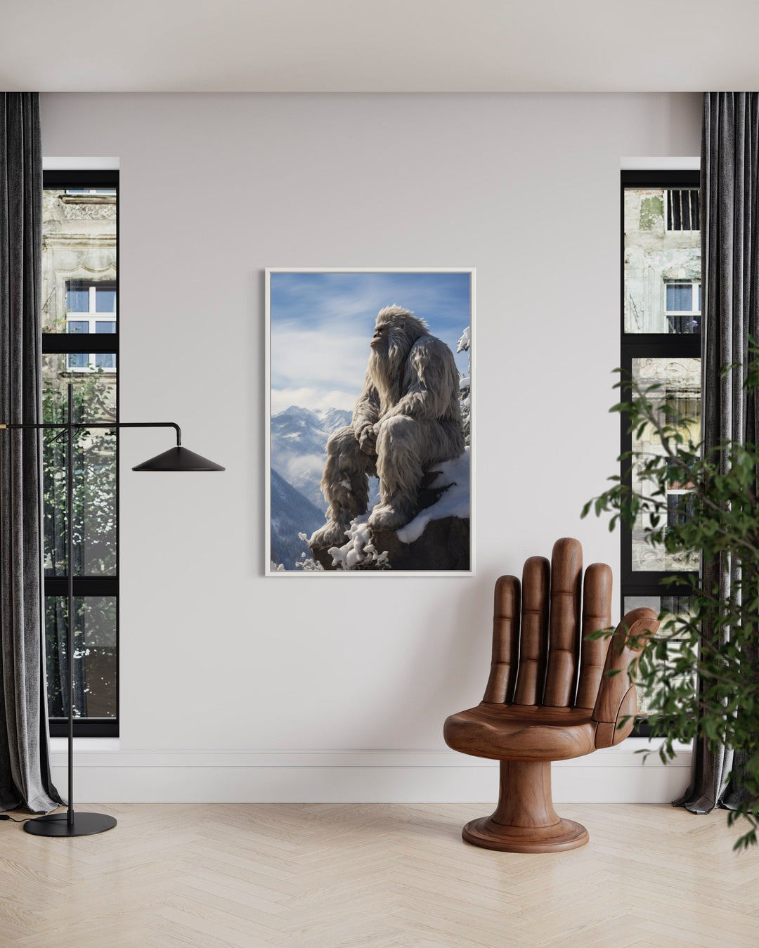 Bigfoot In Snowy Mountains Framed Canvas Wall Art