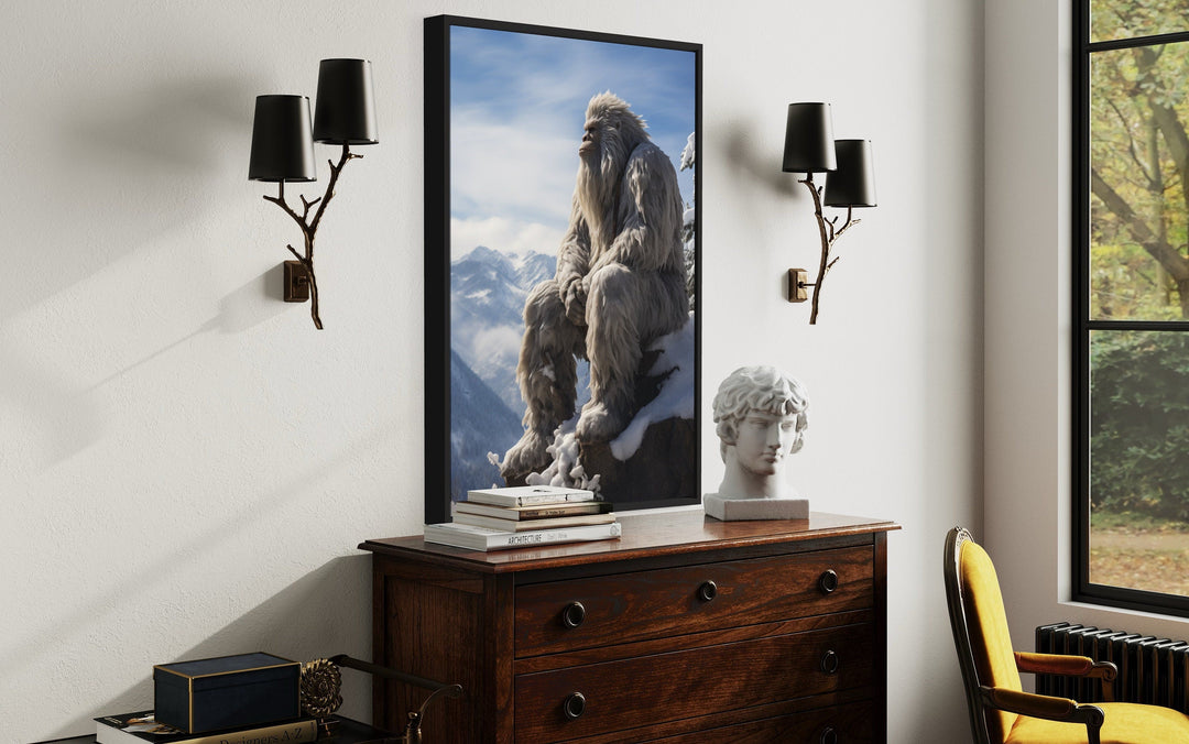 Bigfoot In Snowy Mountains Framed Canvas Wall Art