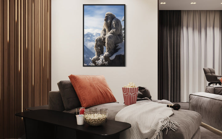 Bigfoot In Snowy Mountains Framed Canvas Wall Art