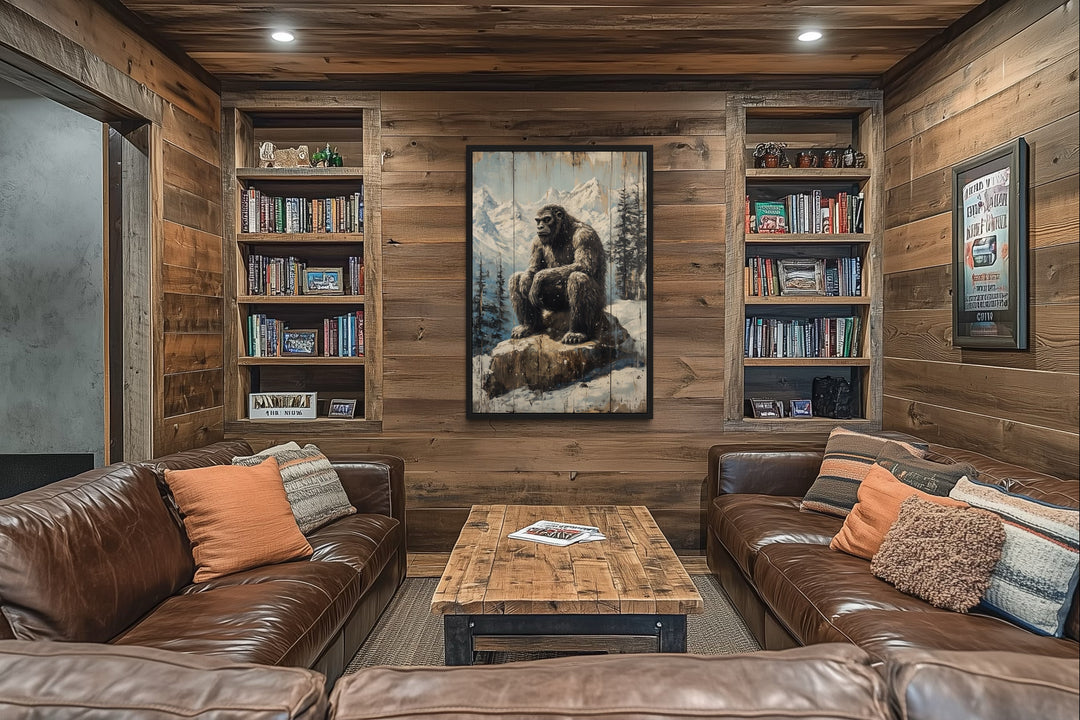 Bigfoot in snowy mountains painting on wood framed canvas wall art in a rustic cabin living room.