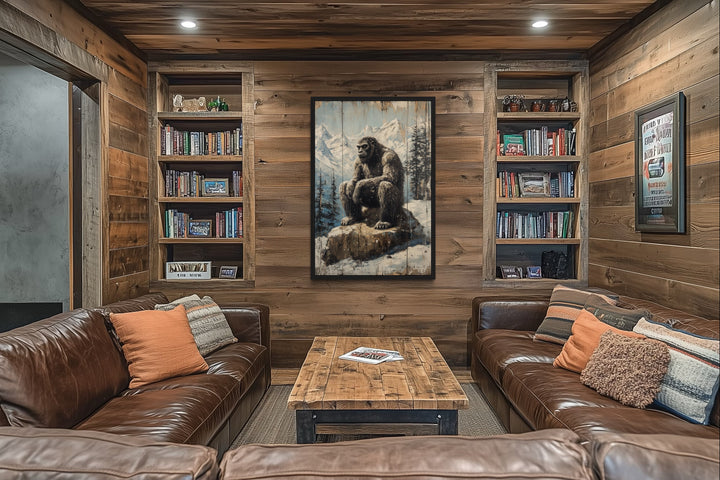 Bigfoot in snowy mountains painting on wood framed canvas wall art in a rustic cabin living room.