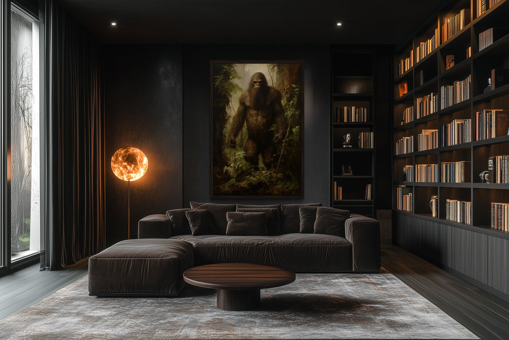 Bigfoot In The Forest Framed Canvas Wall Art