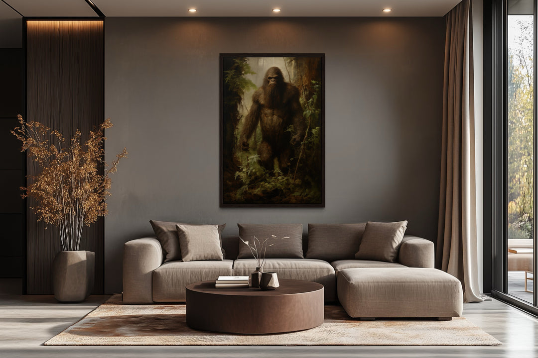 Bigfoot In The Forest Framed Canvas Wall Art