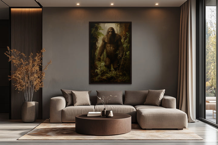 Bigfoot In The Forest Framed Canvas Wall Art