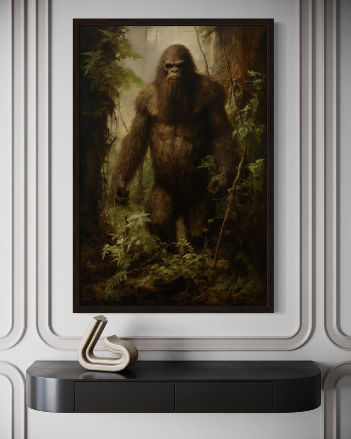 Bigfoot In The Forest Framed Canvas Wall Art