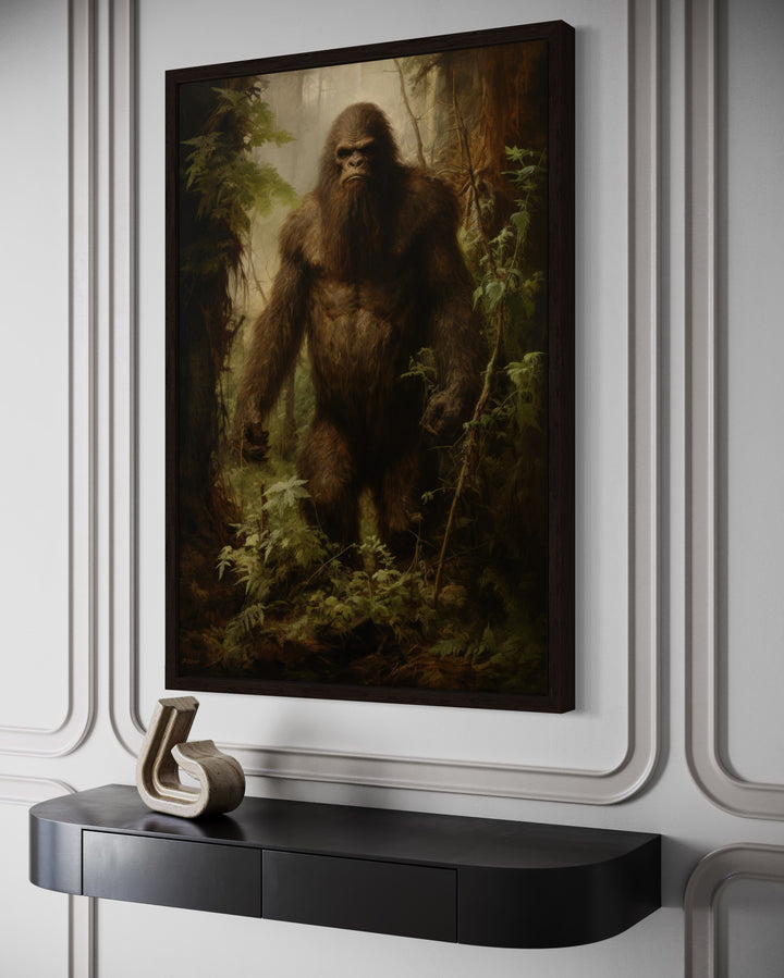 Bigfoot In The Forest Framed Canvas Wall Art
