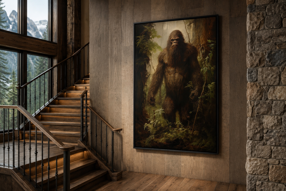 Bigfoot in the Forest framed canvas wall art hanging on a wood-paneled wall next to a staircase.