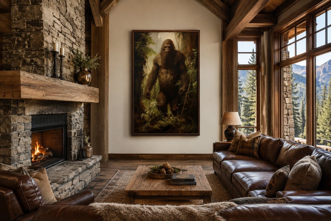 Bigfoot in the Forest framed canvas wall art hanging above a fireplace in a rustic cabin living room.