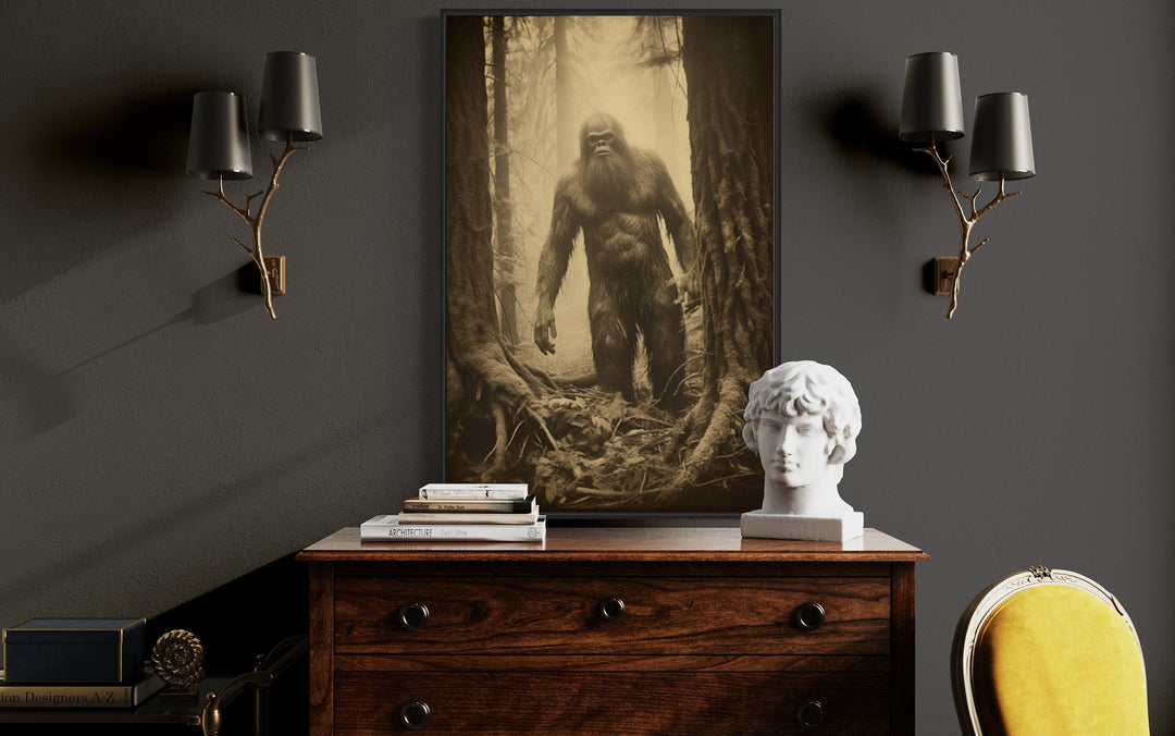 Bigfoot realistic photograph framed canvas wall art in a misty forest, displayed in a man cave.