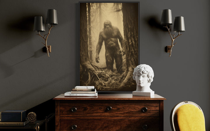 Bigfoot realistic photograph framed canvas wall art in a misty forest, displayed in a man cave.