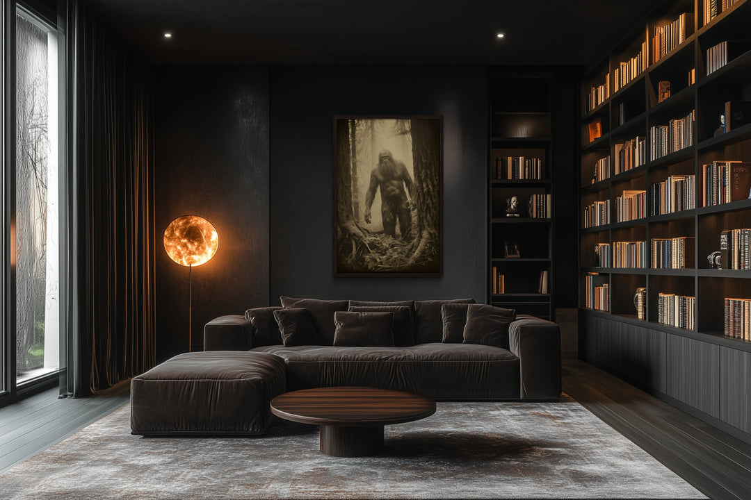 Framed Bigfoot photograph canvas wall art hanging in a dark, modern living room with a large sofa.